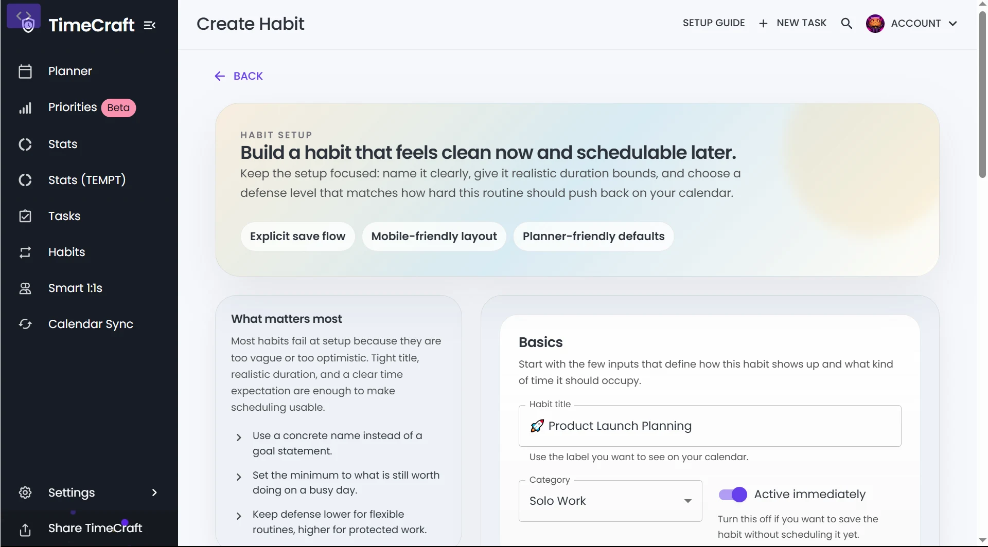 Timecraft habit tracking screen