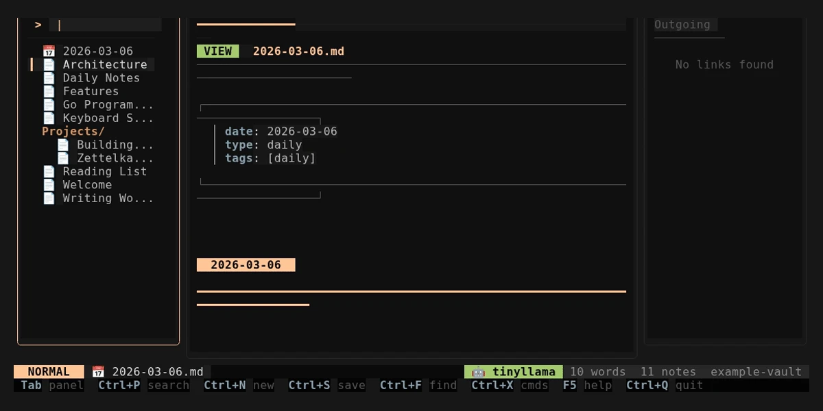 Vault repository terminal interface showing a Markdown daily note, file tree, and outgoing links panel