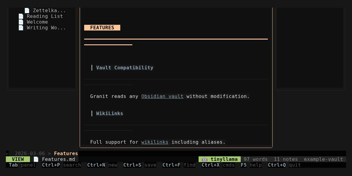 Vault repository terminal interface in note viewing mode